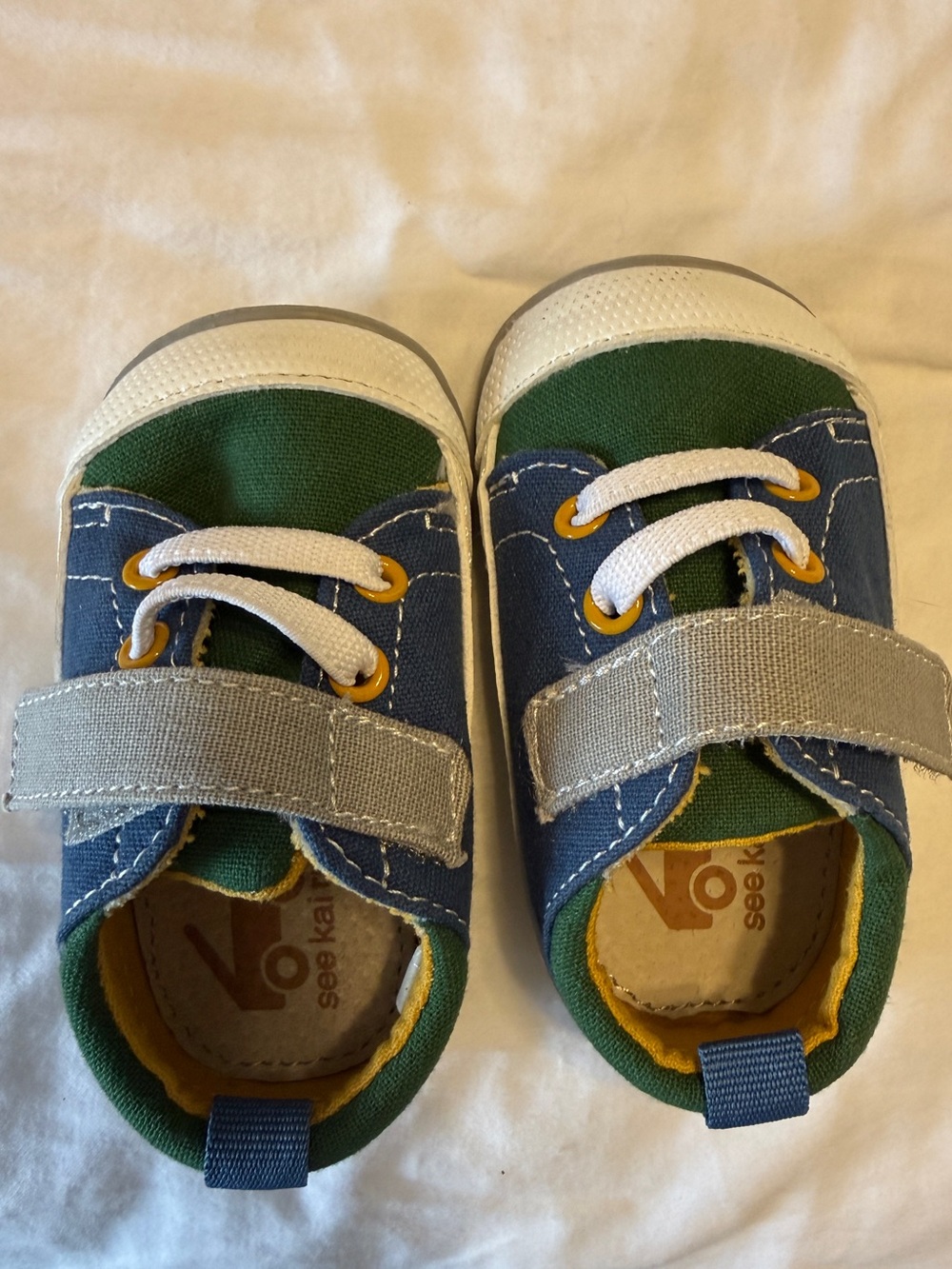 SEE KAI RUN Stevie Mini Green and Blue Canvas Sneakers with Gray Strap